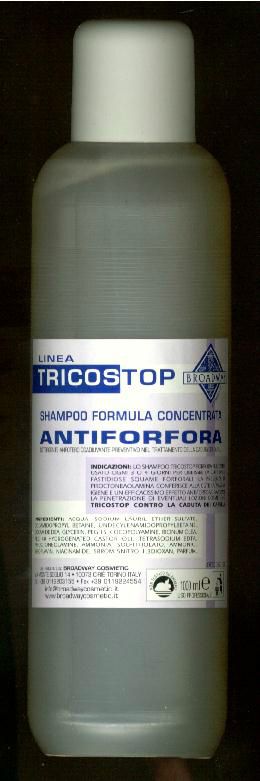 SHAMPOO  1000ml   
€.13,00
 TRICOSTOP FORFORA

 LO SHAMPOO TRICOSTOP FORFORA PUO’

ESSERE  USATO OGNI 3  O  4 GIORNI PER LIBERARE LA CUTE

DALLE FASTIDIOSE SQUAME FORFORALI, LA PRESENZA DI

PIROCTONEAOLAMINA CONFERISCE ALLA CUTE LA

MASSIMA IGIENE E UN’EFFICACISSIMO EFFETTO

ANTIFORFORA. FAVORISCE LA PENETRAZIONE DI

EVENTUALI LOZIONI COSMETICHE. TRICOSTOP CONTRO

LA CADUTA DEI CAPELLI.

INGREDIENTS: ACQUA, SODIUM LAURIL

ETHER SULFATE,  COCAMIDOPROPYL BETAINE,

UNDECYLENAMIDOPRPPYLBETAINE.

COCAMIDE DEA, GLYCERIN, PEG 15,

COCOPOLYAMINE, RICINUM OLEA,

 PEG 40 HYDROGENATED CASTOR OLI,

TETRASODIUM EDTA.PIROCTONEOLAMINE,

AMMONIA,SOLFITTIOLATO,

AMMONIO,RIBOFLAVIN,NIACINAMIDE,

 5BROM 5NITRO 1.3DIOXAN, PARFUM.

Broadway cosmetic  s.a.s.

via  Rivette n°20,  cap.10073  Ciriè, fraz. Devesi Torino (Italy)

Tel.+390115369042.Tel.+390115505215.Fax.+3901109652027.