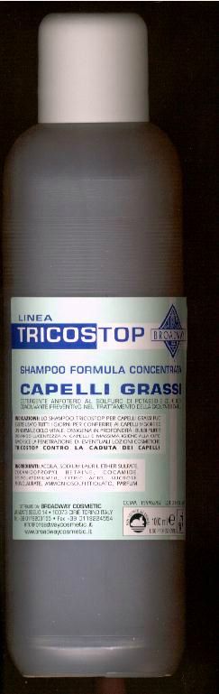 SHAMPOO  1000ml   
€.13,00

 TRICOSTOP FORFORA

 LO SHAMPOO TRICOSTOP FORFORA PUO’

ESSERE  USATO OGNI 3  O  4 GIORNI PER LIBERARE LA CUTE

DALLE FASTIDIOSE SQUAME FORFORALI, LA PRESENZA DI

PIROCTONEAOLAMINA CONFERISCE ALLA CUTE LA

MASSIMA IGIENE E UN’EFFICACISSIMO EFFETTO

ANTIFORFORA. FAVORISCE LA PENETRAZIONE DI

EVENTUALI LOZIONI COSMETICHE. TRICOSTOP CONTRO

LA CADUTA DEI CAPELLI.

INGREDIENTS: ACQUA, SODIUM LAURIL

ETHER SULFATE,  COCAMIDOPROPYL BETAINE,

UNDECYLENAMIDOPRPPYLBETAINE.

COCAMIDE DEA, GLYCERIN, PEG 15,

COCOPOLYAMINE, RICINUM OLEA,

 PEG 40 HYDROGENATED CASTOR OLI,

TETRASODIUM EDTA.PIROCTONEOLAMINE,

AMMONIA,SOLFITTIOLATO,

AMMONIO,RIBOFLAVIN,NIACINAMIDE,

 5BROM 5NITRO 1.3DIOXAN, PARFUM.

Broadway cosmetic  s.a.s.

via  Rivette n°20,  cap.10073  Ciriè, fraz. Devesi Torino (Italy)

Tel.+390115369042.Tel.+390115505215.Fax.+3901109652027.