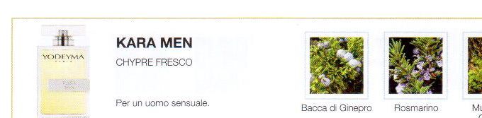 Descrizione —
La leggerezza della bacca di ginepro, insieme alle note aromatiche del rosmarino e del muschio bianco, suscita sensazioni di piacere e relax.
Note Olfattive —
Aromatica, Fresca
Kara Men è un profumo fresco.
Per un uomo sensuale.
Note di Testa, sono le prime del profumo a essere apprezzate.
Note di Cuore, rappresentano l'anima del profumo.
Note di Fondo, danno profondità al profumo.

Nota di Testa

Bacca di Ginepro

Nota di Cuore

Rosmarino

Nota di Fondo

Muschio di quercia

