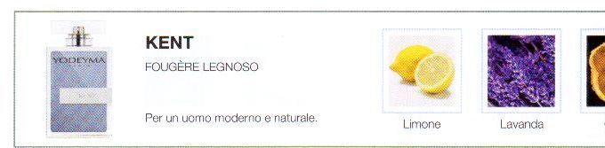 Descrizione —

Le vigorose note di cuore combinate con il carisma del cedro e del limone creano una fragranza estremamente energica.
Note Olfattive —

Fougère - Woody
Kent: Per un uomo moderno e naturale.
Note di testa, sono le prime che si percepiscono nel profumo.
Note di cuore, sono l anima del profumo.
Note di fondo, sono quelle che conferiscono profonditá al profumo.

Nota di Testa

Limone

Nota di Cuore

Lavanda

Nota di Fondo

Cedro


