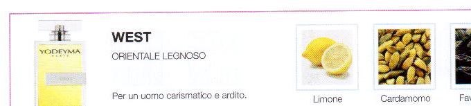 Descrizione —

La seducente unione del limone con il cardamomo e lo zenzero da vita a un profumo irresistibile e memorabile.
Note Olfattive —

Orientale Legnoso  
West è un profumo dedicato a un uomo carismatico e ardito
Note di Testa, sono le prime del profumo a essere apprezzate.
Note di Cuore, rappresentano l'anima del profumo.
Note di Fondo, danno profondità al profumo.

Nota di Testa

Limone

Nota di Cuore

Cardamomo

Nota di Fondo

Zenzero

